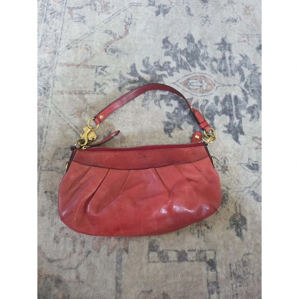 Coach Madison 12944 Coral Red Pleated Leather Hobo Shoulder Bag Purse Brass...